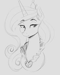 Size: 2182x2731 | Tagged: safe, artist:thelunarmoon, imported from derpibooru, princess cadance, alicorn, pony, bust, collar shirt, eyebrows, eyebrows visible through hair, female, grayscale, high res, lidded eyes, mare, monochrome, pencil drawing, solo, traditional art