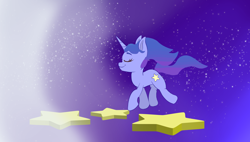 Size: 3984x2268 | Tagged: safe, artist:nedemai, imported from derpibooru, oc, oc only, pony, unicorn, atg 2024, eyes closed, high res, horn, newbie artist training grounds, smiling, solo, stars, windswept mane