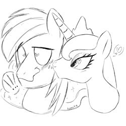 Size: 3000x3000 | Tagged: safe, artist:texacity, imported from derpibooru, big macintosh, princess luna, alicorn, earth pony, pony, bust, cheek kiss, duo, duo male and female, female, grayscale, heart, heart eyes, kissing, lunamac, male, mare, monochrome, shipping, sketch, smiling, straight, wavy mouth, wingding eyes