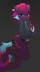 Size: 786x1419 | Tagged: safe, artist:vensual99, imported from derpibooru, oc, oc only, oc:tempest revenant, anthro, unguligrade anthro, unicorn, clothes, hoodie, horn, looking at you, simple background, solo