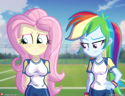 Size: 1942x1500 | Tagged: safe, artist:dieart77, imported from derpibooru, fluttershy, rainbow dash, human, equestria girls, avoiding eye contact, blushing, breast envy, breasts, busty fluttershy, clothes, cloud, fence, field, frown, grin, hand on hip, jealous, nervous, nervous grin, outdoors, shirt, signature, sky, smiling, sports outfit, uniform, wristband