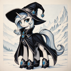 Size: 1536x1536 | Tagged: safe, imported from derpibooru, oc, oc only, pony, unicorn, ai content, ai generated, black cloak, blue eyes, clothes, female, full body, gemstones, generator:bluefox mix, generator:stable diffusion, hat, hoof boots, horn, jewelry, mage, mare, mountain, outdoors, prompter:tyto4tme4l, smiling, snow, solo, tree, white coat, wizard, wizard hat, wizard robe