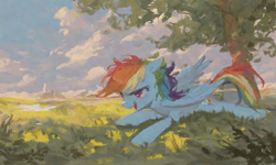 Size: 1280x768 | Tagged: safe, imported from derpibooru, rainbow dash, pegasus, pony, ai content, ai generated, generator:pony diffusion v6 xl, generator:stable diffusion, looking at something, lying down, open mouth, prompter:foxpony, prone, scenery, solo, tree