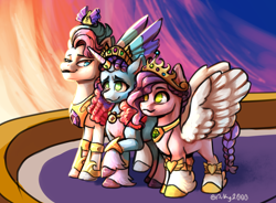 Size: 2424x1780 | Tagged: safe, artist:arky2000, imported from derpibooru, pipp petals, zipp storm, pegasus, pony, unicorn, crown, female, g5, height difference, high res, hoof shoes, horn, horn ring, jewelry, mare, misty brightdawn, necklace, peytral, princess shoes, rebirth misty, regalia, ring, royal sisters (g5), siblings, sisters, spread wings, step-siblings, step-sisters, sunset, trio, trio female, wings