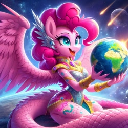 Size: 1024x1024 | Tagged: safe, imported from derpibooru, pinkie pie, anthro, dragon, ai content, ai generated, bust, collage, cute, cutie mark, dragoness, dragonified, female, generator:bing image creator, generator:dall-e 3, giantess, macro, portrait, prompt in description, prompter:neutralfire, race swap, species swap