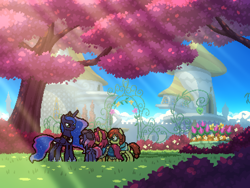 Size: 800x600 | Tagged: safe, artist:rangelost, imported from derpibooru, princess luna, oc, oc:honourshine, oc:moonflower, oc:trailblazer, alicorn, bat pony, earth pony, cyoa:d20 pony, alicorn oc, bat pony oc, bat wings, canterlot, cap, cloak, clothes, crepuscular rays, cyoa, digital art, disguised alicorn, earth pony oc, flower, garden, glasses, group, hat, horn, pixel art, quartet, scenery, tree, wings