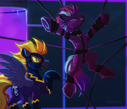 Size: 1680x1440 | Tagged: safe, artist:anoraknr, imported from derpibooru, oc, oc only, oc:blaze (shadowbolt), oc:tempest revenant, pegasus, unicorn, angry, bondage, horn, looking at each other, looking at someone, rope, rope bondage, shadowbolts, shibari