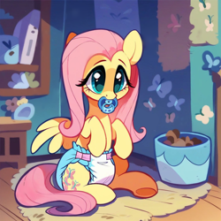 Size: 1024x1024 | Tagged: safe, imported from derpibooru, fluttershy, pegasus, pony, ai content, ai generated, cute, diaper, diaper fetish, female, fetish, generator:purplesmart.ai, generator:stable diffusion, mare, non-baby in diaper, pacifier, prompter:blue light, sitting, solo