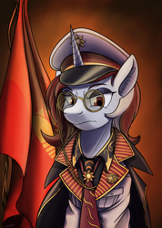 Size: 1668x2338 | Tagged: safe, artist:buckweiser, imported from derpibooru, oc, oc:red rocket, unicorn, equestria at war mod, angry, badge, cap, clothes, flag, glasses, gradient background, hat, horn, looking at you, serious, uniform