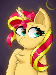 Size: 3000x4000 | Tagged: safe, artist:twinky, imported from derpibooru, sunset shimmer, pony, unicorn, chest fluff, ear fluff, female, fluffy, horn, human shoulders, mare, shoulder fluff, solo