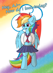 Size: 2000x2750 | Tagged: safe, artist:hcl, imported from derpibooru, rainbow dash, pegasus, pony, clothes, cutie mark background, gradient background, solo