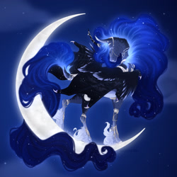 Size: 1800x1800 | Tagged: safe, artist:dementra369, imported from derpibooru, princess luna, alicorn, bat pony, bat pony alicorn, pony, alternate design, bat wings, crescent moon, goddess, horn, moon, solo, tangible heavenly object, wings