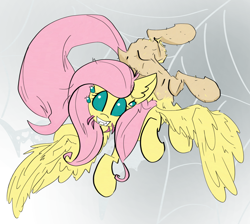 Size: 1932x1734 | Tagged: safe, artist:ponny, imported from derpibooru, fluttershy, bug pony, insect, monster pony, original species, pegasus, pony, spiderpony, colored, fangs, grin, mandibles, multiple eyes, smiling, solo, species swap, spider web, spidershy