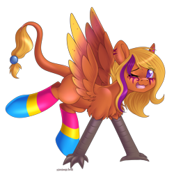 Size: 3000x3000 | Tagged: safe, artist:xcinnamon-twistx, imported from derpibooru, oc, griffon, clothes, commission, ear piercing, earring, jewelry, one eye closed, open mouth, pansexual, pansexual pride flag, piercing, pride, pride flag, socks, thigh highs, wink, ych result, your character here