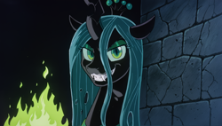 Size: 2560x1456 | Tagged: safe, imported from derpibooru, queen chrysalis, changeling, changeling queen, ai content, ai generated, crown, evil grin, eyebrows, fangs, female, fire, generator:autismmix confetti, green fire, grin, jewelry, looking at you, prompter:siber, regalia, smiling, smiling at you, solo