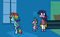 Size: 1165x716 | Tagged: safe, artist:punkittdev, imported from derpibooru, rainbow dash, spike, twilight sparkle, alicorn, dragon, pegasus, pony, testing testing 1-2-3, bipedal, clone high, female, hooves behind back, looking out the window, male, mare, twilight sparkle (alicorn), window