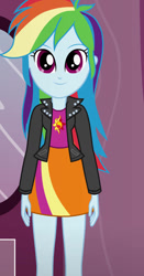 Size: 490x936 | Tagged: safe, artist:qbert2kcat, imported from derpibooru, rainbow dash, human, equestria girls, clothes, clothes swap, jacket, shirt, skirt, solo