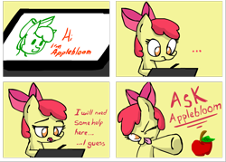 Size: 2042x1462 | Tagged: safe, artist:arielsbx, imported from derpibooru, apple bloom, pony, ask little applebloom, apple, food, one eye closed, solo, tablet, tongue out, wink