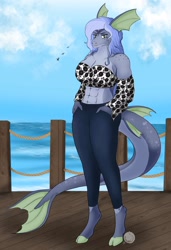 Size: 1916x2798 | Tagged: safe, artist:dragonflaw18, imported from derpibooru, oc, oc only, oc:marisol raena, anthro, bird, sea pony, unguligrade anthro, abs, anthro oc, clothes, cloud, cloven hooves, commission, digital art, dock, female, hand in pocket, mare, muscles, muscular female, ocean, pants, solo, tail, tanktop, water