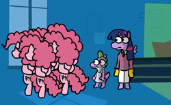 Size: 1165x716 | Tagged: safe, alternate version, artist:punkittdev, imported from derpibooru, pinkie pie, spike, twilight sparkle, alicorn, dragon, pegasus, pony, testing testing 1-2-3, bipedal, clone, clone high, female, hooves behind back, looking out the window, male, mare, multeity, pinkie clone, too much pink energy is dangerous, twilight sparkle (alicorn), window