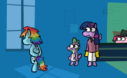 Size: 1165x716 | Tagged: safe, alternate version, artist:punkittdev, imported from derpibooru, pinkie pie, rainbow dash, spike, twilight sparkle, alicorn, dragon, pegasus, pony, testing testing 1-2-3, bipedal, clone high, fedora, female, hat, hiding, hooves behind back, looking out the window, male, mare, twilight sparkle (alicorn), window