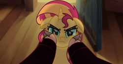 Size: 2000x1037 | Tagged: safe, artist:emeraldblast63, edit, edited screencap, imported from derpibooru, screencap, sunset shimmer, verko, human, pony, unicorn, equestria girls, my little pony: the movie, character swap, female, floppy ears, frown, furrowed brow, hand on cheek, horn, human pony sunset, human sunset, looking at you, mare, narrowed eyes, offscreen character, pov, sunset shimmer is not amused, unamused