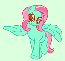 Size: 1296x1208 | Tagged: safe, artist:leopardsnaps, imported from derpibooru, minty breeze, pegasus, pony, female, green background, mare, simple background, smiling, solo, underhoof, walking