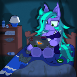 Size: 4000x4000 | Tagged: safe, artist:silvaqular, imported from derpibooru, oc, oc:cyanette, earth pony, bedroom, blanket, can, chillaxing, closet, clothes, computer, controller, dark, dark room, dress, frown, gaming, heterochromia, jewelry, lamp, laptop computer, lazy, moody, multicolored hair, multicolored mane, multicolored tail, necklace, plate, playstation, playstation 2, relaxing, shading, shading practice, shelf, shirt, sticker, tail, unamused, water bottle