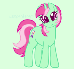 Size: 1296x1208 | Tagged: safe, artist:leopardsnaps, imported from derpibooru, minty bubblegum, pony, unicorn, :i, female, green background, horn, looking at you, mare, simple background, solo, turned head