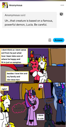 Size: 1173x2238 | Tagged: safe, artist:ask-luciavampire, imported from derpibooru, princess luna, twilight sparkle, oc, oc:nyx, alicorn, pony, undead, vampire, vampony, alastor, ask, hazbin hotel, hellaverse, tumblr