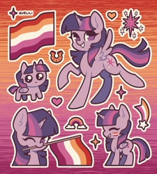 Size: 2700x3000 | Tagged: safe, artist:evelili, imported from derpibooru, twilight sparkle, alicorn, pony, autism creature, female, horn, lesbian pride flag, mare, pride, pride flag, raised hoof, raised leg, solo, spread wings, standing, twilight sparkle (alicorn), wings