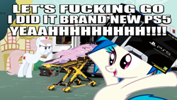 Size: 3265x1837 | Tagged: safe, artist:epicheavytf2, artist:pyrogaming, imported from derpibooru, diamond tiara, dj pon-3, nurse redheart, vinyl scratch, earth pony, pony, unicorn, absolutenutcase162, abuse, ambulance, angry, console, devious, devious smile, female, game console, horn, mare, meme, playstation, playstation 5, ponified, ponified meme, shitposting, smiling, supermarket, text, tiarabuse, vulgar, wrong aspect ratio