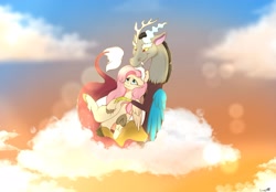 Size: 2048x1423 | Tagged: safe, artist:ginnyregen, imported from derpibooru, discord, fluttershy, draconequus, pegasus, antlers, bright, cloud, discoshy, duo, duo male and female, female, hooves, horn, hug, interspecies, looking up, male, shipping, straight, sunlight