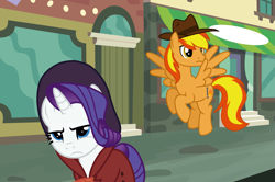 Size: 1899x1262 | Tagged: safe, artist:princesslilybrush, imported from derpibooru, rarity, oc, oc:firey ratchet, pegasus, unicorn, clothes, detective, detective rarity, duo, duo male and female, fedora, female, hat, horn, male, manehattan, trenchcoat