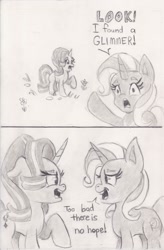 Size: 1310x2000 | Tagged: safe, artist:nedemai, imported from derpibooru, starlight glimmer, trixie, pony, unicorn, 2 panel comic, atg 2024, comic, duo, duo female, female, grayscale, horn, mare, monochrome, name pun, newbie artist training grounds, pencil drawing, pointing, traditional art