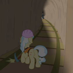 Size: 1919x1919 | Tagged: safe, artist:nitei, imported from derpibooru, ambrosia, cindy block, earth pony, pony, atg 2024, clothes, dropping, female, floppy ears, hard hat, hat, light, mare, newbie artist training grounds, pickaxe, raised hoof, solo, train, train tracks, tunnel, vest