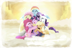 Size: 2400x1600 | Tagged: safe, artist:darksly, imported from derpibooru, applejack, fluttershy, pinkie pie, rainbow dash, rarity, twilight sparkle, earth pony, pegasus, pony, unicorn, atg 2024, cloud, crying, eyes closed, female, group hug, halo, heaven, horn, hug, mane six, mare, newbie artist training grounds, on a cloud, open mouth, open smile, sitting, sitting on a cloud, smiling, tears of joy