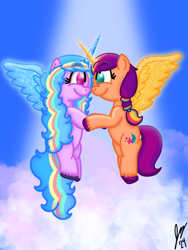 Size: 1620x2160 | Tagged: safe, artist:jesslmc16, imported from derpibooru, izzy moonbow, sunny starscout, alicorn, cloud, cute, cutie mark, duo, duo female, female, flying, g5, glowing, glowing horn, horn, izzy rainbow, izzybetes, lesbian, mane stripe sunny, mare, moonscout, race swap, shipping, signature, sky, spotlight, spread wings, sunnybetes, wings