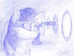 Size: 1920x1440 | Tagged: safe, artist:novaintellus, imported from derpibooru, twilight sparkle, alicorn, pony, atg 2024, bust, female, goggles, mare, monochrome, newbie artist training grounds, oppenheimer, profile, safety goggles, solo, twilight sparkle (alicorn)