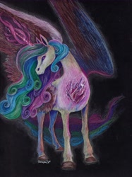 Size: 5017x6716 | Tagged: safe, artist:cahandariella, imported from derpibooru, princess celestia, alicorn, horse, absurd resolution, atg 2024, black background, black paper, colored pencil drawing, fanfic art, glowing, glowing horn, heart, horn, magic, newbie artist training grounds, simple background, spell, traditional art