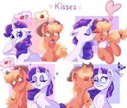 Size: 1948x1663 | Tagged: safe, artist:irisikiki, imported from derpibooru, applejack, rarity, earth pony, pony, unicorn, apple, blush lines, blushing, cheek kiss, comic, drool, duo, duo female, female, food, horn, kiss mark, kissing, lesbian, licking, lipstick, pictogram, rarijack, shipping, simple background, skull, thought bubble, tongue out, white background