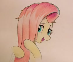 Size: 2397x2027 | Tagged: safe, anonymous artist, imported from derpibooru, fluttershy, colored pencil drawing, messy, open mouth, smiling, traditional art