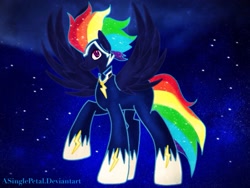 Size: 2048x1536 | Tagged: safe, artist:asinglepetal, imported from derpibooru, rainbow dash, zapp, pegasus, pony, female, night, night sky, nightmare rainbow dash, nightmare zapp, nightmarified, power ponies, procreate app, sky, solo, watermark