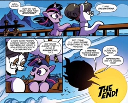 Size: 1012x812 | Tagged: safe, artist:andy price, idw, imported from derpibooru, raven, twilight sparkle, alicorn, pony, unicorn, spoiler:comic, spoiler:comic62, flying, horn, mountain, official comic, sky, zipline