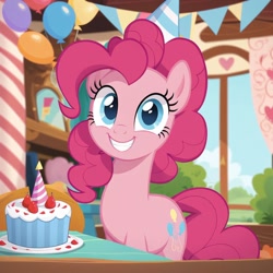 Size: 1024x1024 | Tagged: safe, imported from derpibooru, pinkie pie, earth pony, pony, ai content, ai generated, balloon, birthday, birthday cake, birthday party, cake, food, generator:pony diffusion v6 xl, generator:stable diffusion, hat, party, party hat, prompter:harvydraws, show accurate, solo