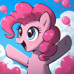 Size: 768x768 | Tagged: safe, imported from derpibooru, pinkie pie, earth pony, pony, ai content, ai generated, arms wide open, balloon, generator:pony diffusion v6 xl, generator:stable diffusion, open mouth, open smile, prompter:foxpony, rainbowshining, smiling, solo