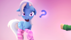 Size: 1476x830 | Tagged: safe, artist:nikosourcepone, imported from derpibooru, trixie, pony, unicorn, 3d, clothes, cute, diatrixes, female, floppy ears, horn, looking at you, mare, mouth hold, offscreen character, pinecone, pointing, question mark, raised hoof, simple background, socks, solo focus, source filmmaker, striped socks, trixie eating pinecones