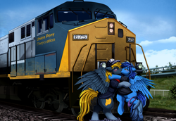 Size: 3309x2270 | Tagged: safe, artist:pridark, imported from derpibooru, oc, oc only, pegasus, pony, digital art, duo, female, imminent sex, kissing, locomotive, male, mare, pegasus oc, stallion, train, undressing, wings