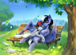 Size: 2200x1600 | Tagged: safe, artist:ryusya, imported from derpibooru, oc, oc only, oc:speedrush, oc:violett spectrum, bird, pegasus, pony, bench, city, high res, hug, park, summer, tree