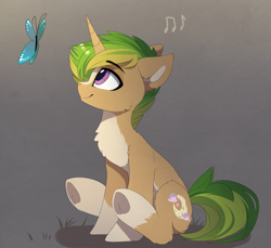 Size: 2614x2391 | Tagged: safe, artist:magnaluna, imported from derpibooru, oc, oc only, butterfly, pony, unicorn, chest fluff, eyebrows, eyebrows visible through hair, gradient background, high res, horn, looking at something, music notes, oc name needed, profile, sitting, smiling, solo, tail, underhoof, unicorn oc